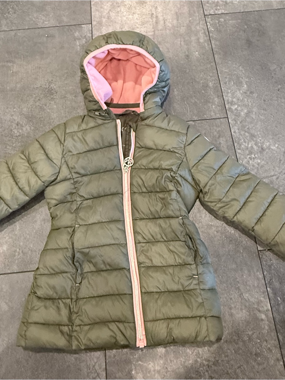 Girls 2T Olive Puffer Coat with Pink Trim